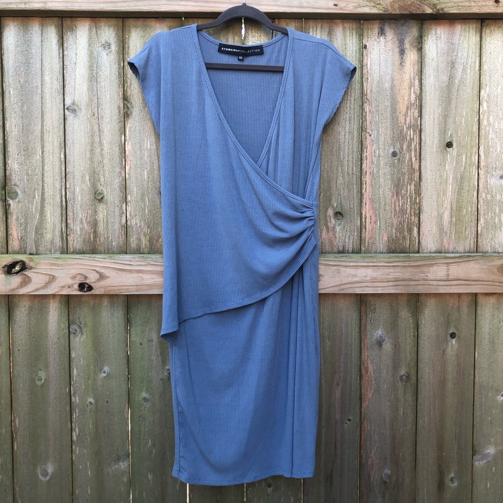 Stowaway Collection Ribbed Maternity Dress Size XL Blue Cap Sleeve Knee Length